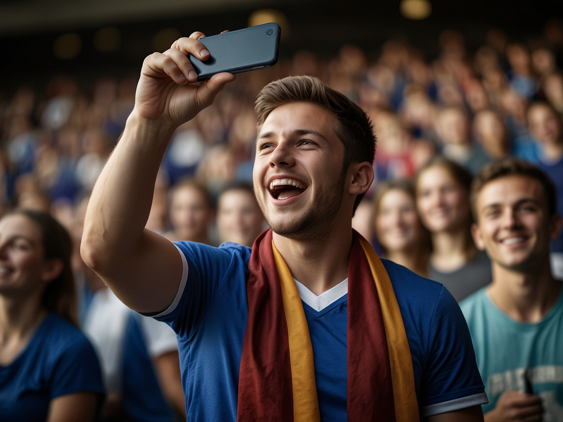 Jubelnder Sportfan mit Smartphone